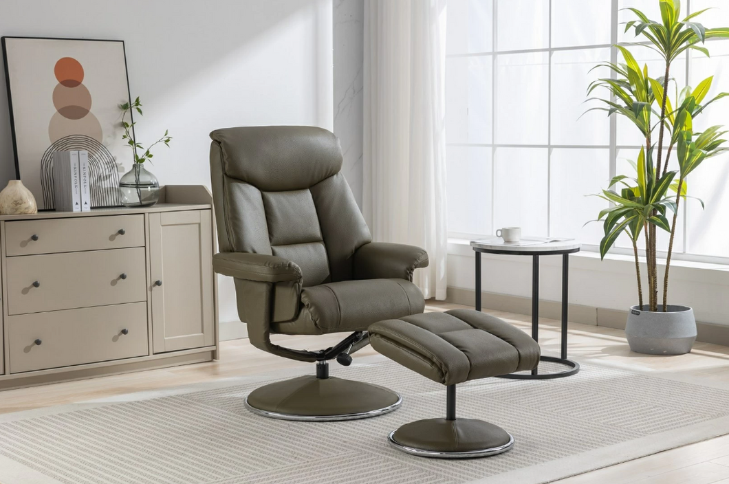 Biarritz Swivel Recliner & Footstool - Plush Leather Olive Green