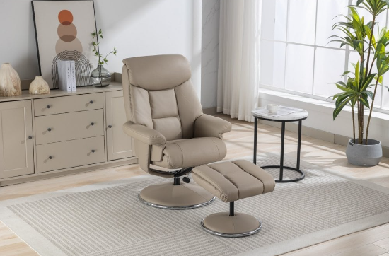 Biarritz Swivel Recliner & Footstool - Plush Leather Pebble