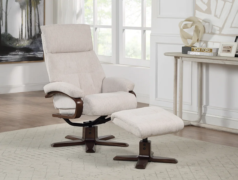 Vienna Swivel Recliner & Footstool - Beige Fabric