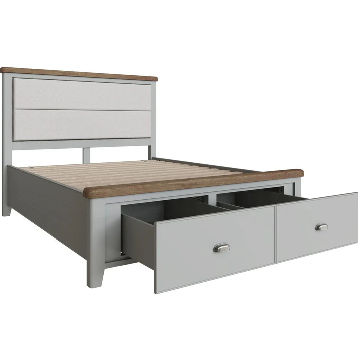 HOP Grey Bedroom Collection - Fabric Headboard Bed with Drawers