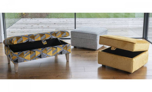 Legged Ottoman in fabric 0049, weathered oak legs. Footstool in fabric 0427 (supplied on glides). Storage stool in fabric 0209 (supplied on glides).