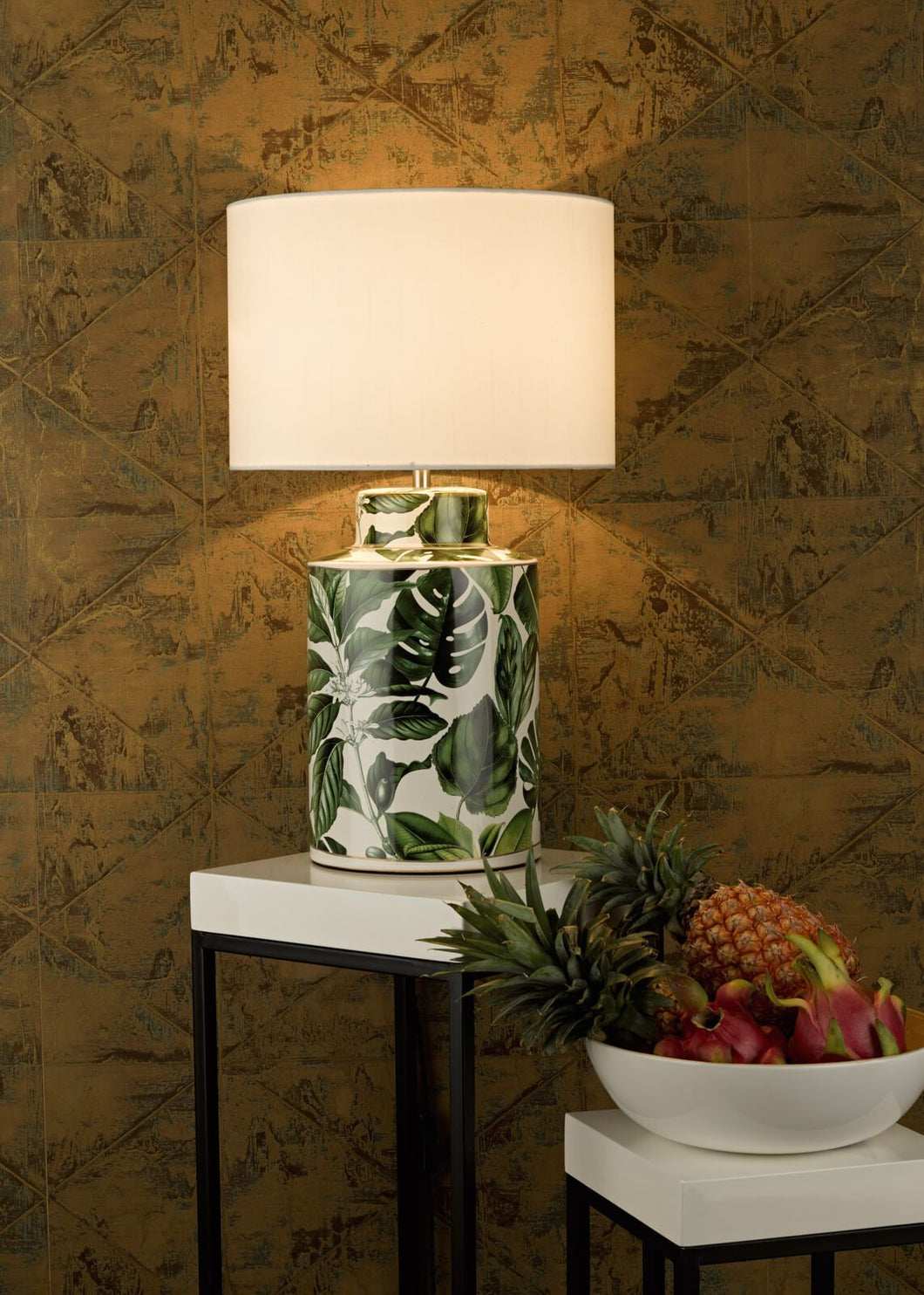 Filip Table Lamp Green Leaf Print With Shade